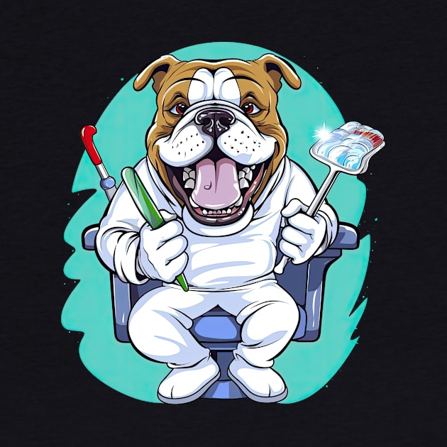 a Dentist English Bulldog wearing a white coat, holding a toothbrush in one paw and a dental mirror by teestore_24